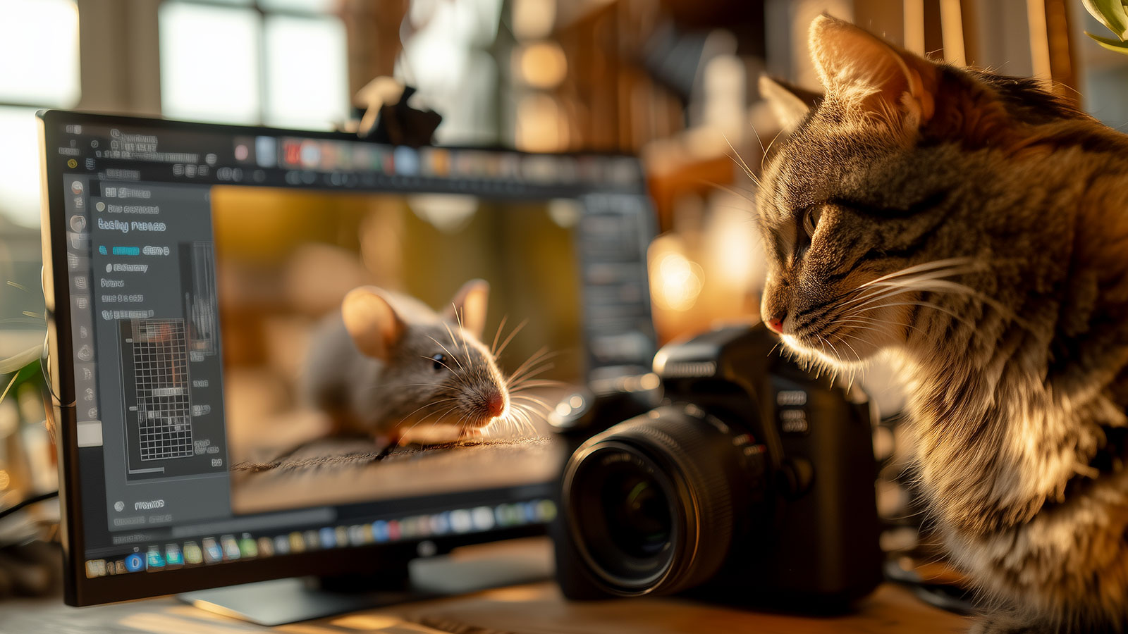 Den perfekten Moment jagen – Faszination Fotografie Spielerische KI-Metapher: Katze-und-Maus mit Kamera – auf der Suche nach einzigartigen Bildmomenten.